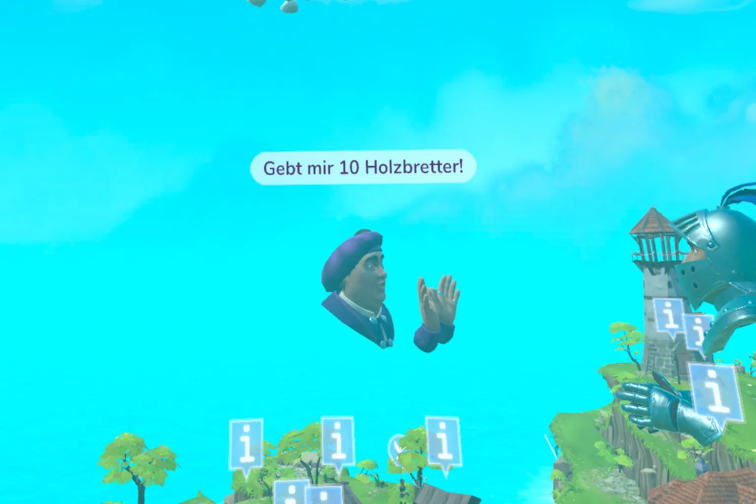 Townsmen VR Händler Enswick fordert 10 Holzbretter vom Spieler