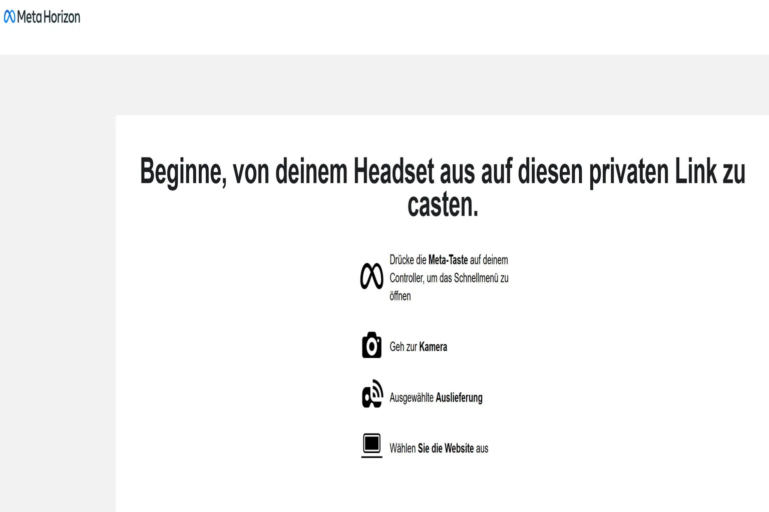 Meta Horizon Casting-Webseite mit Hinweis, das Casting über das Headset zu starten