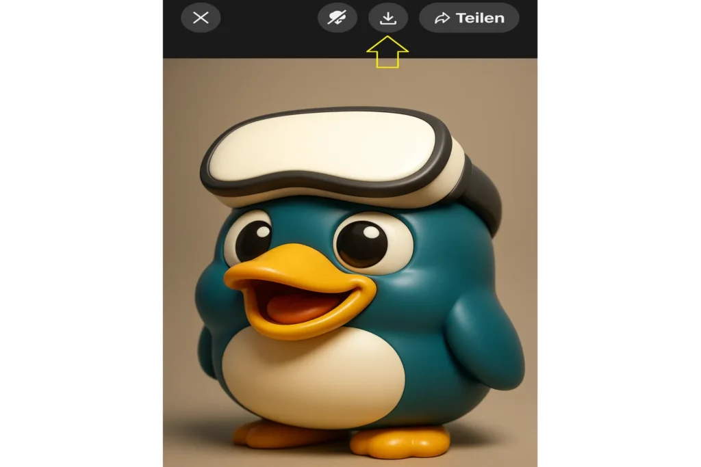 In der Meta Horizon App ist der Download-Button für ein einzelnes Foto geöffnet und mit einem gelben Pfeil markiert.