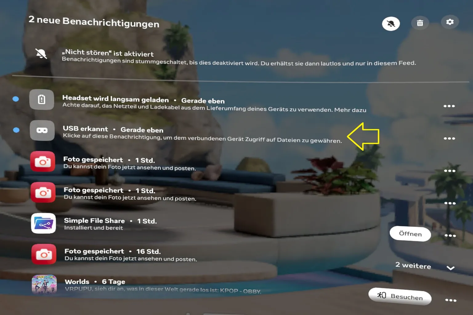 Meta Quest Benachrichtigungen mit USB erkannt Hinweis zum Gewähren des Dateizugriffs bei PC-Verbindung
