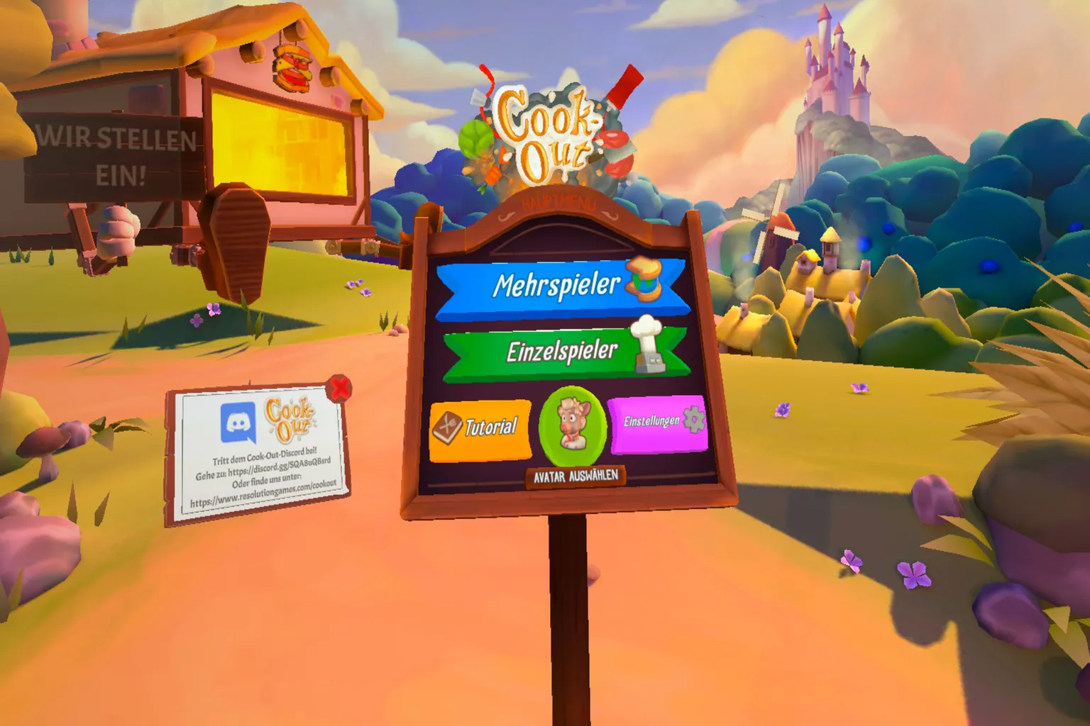 Cook-Out VR Hauptmenü mit Optionen für Mehrspieler, Einzelspieler, Tutorial und Einstellungen