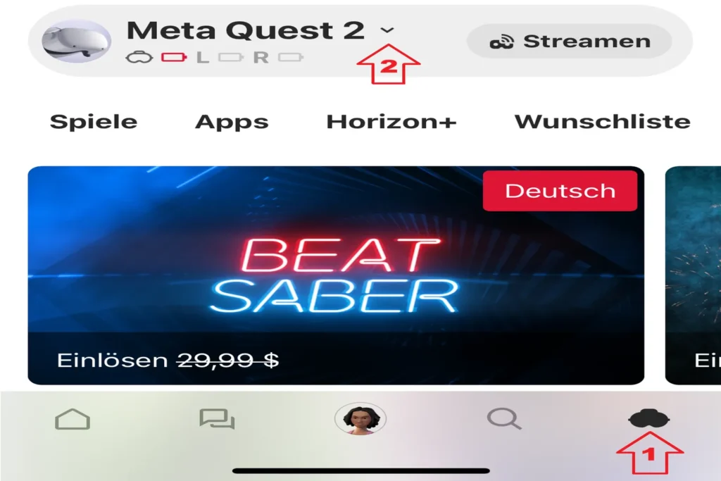 In der Meta Horizon App wird unten der Geräte-Tab geöffnet und oben das verbundene Meta Quest 2 Headset ausgewählt.