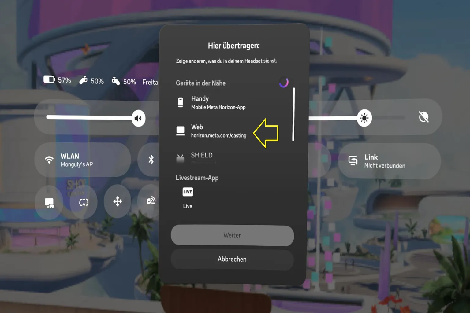 Meta Quest Übertragungsmenü mit ausgewählter Web-Option für das Casting im Browser