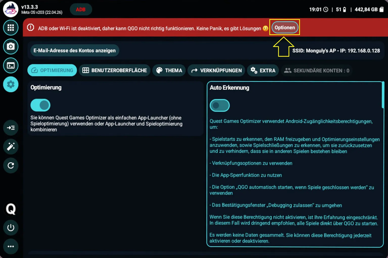 Quest Games Optimizer Startseite mit roter Warnmeldung zu deaktiviertem ADB oder WLAN