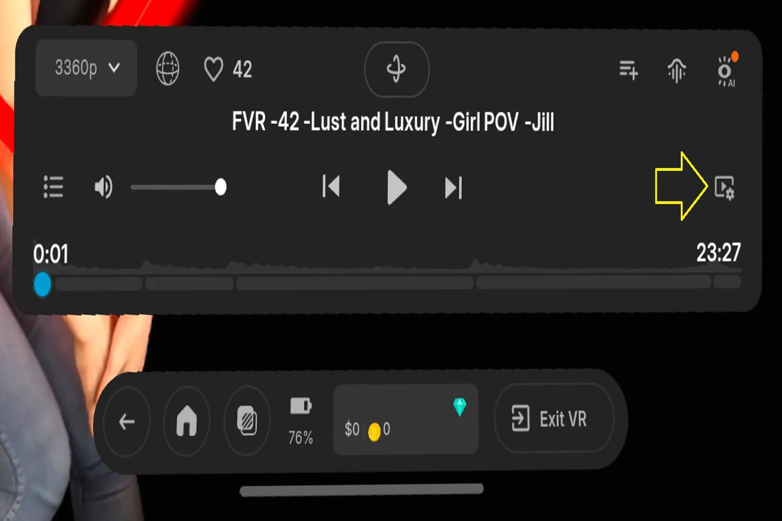 DeoVR Videoplayer mit markiertem Symbol zum Öffnen der Video- und Geräteeinstellungen.