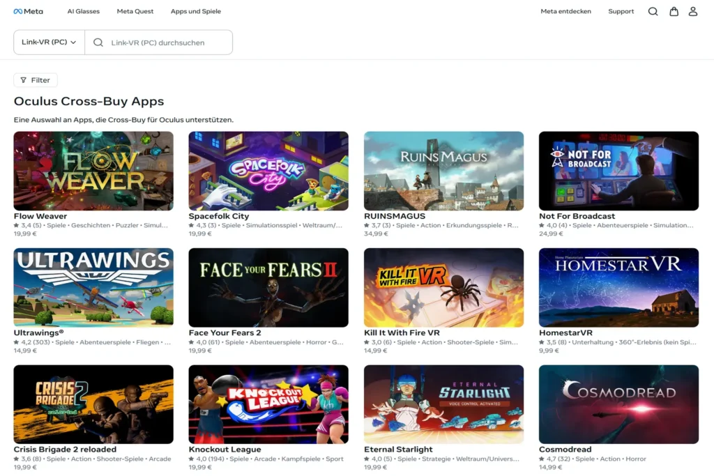Offizielle Meta Store Seite mit Oculus Cross-Buy Apps für Link-VR (PC) und mehreren PC-VR-Spielen in der Übersicht.