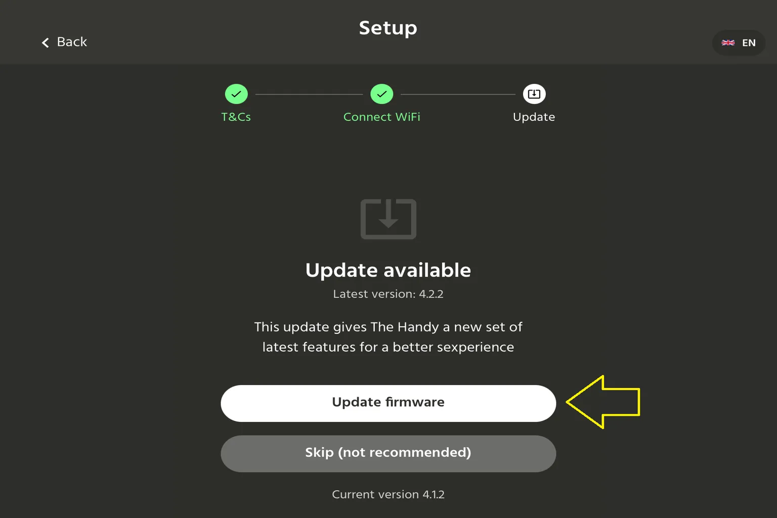 HandyOnboarding Setup zeigt ein verfügbares Firmware-Update mit markiertem Update-firmware-Button.