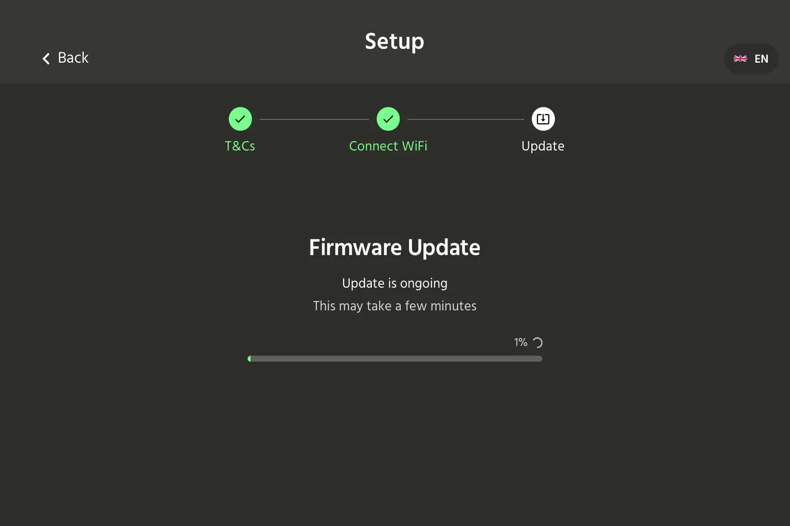 HandyOnboarding App führt ein Firmware-Update aus und zeigt den Fortschritt bei 1 Prozent.