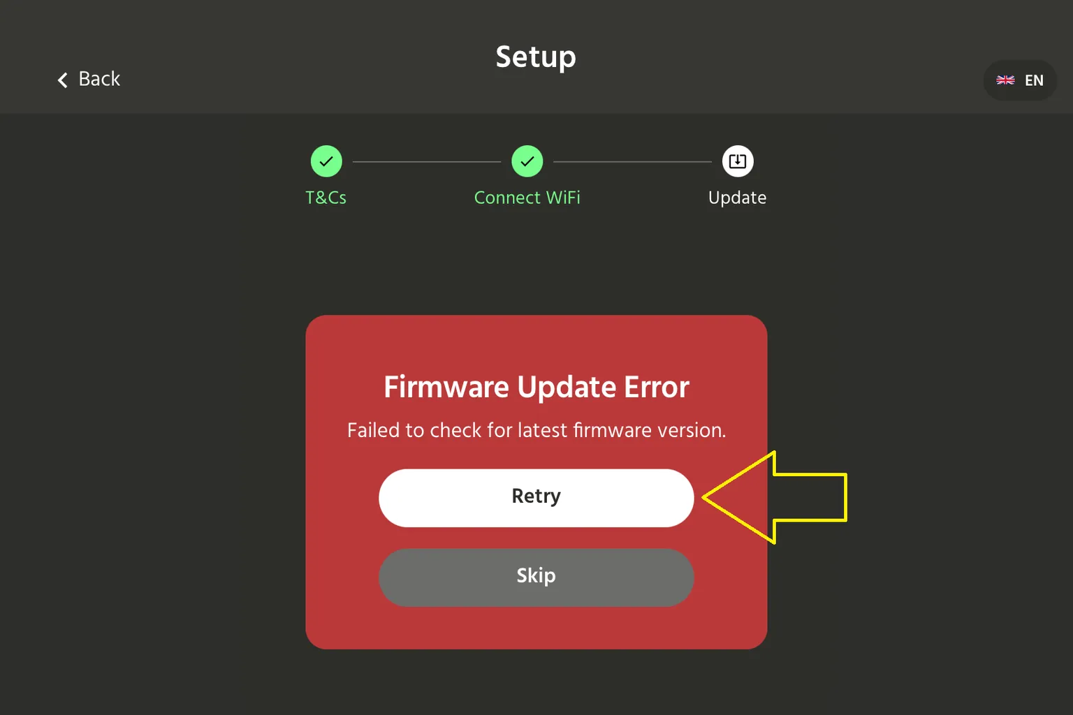 HandyOnboarding App zeigt einen Firmware Update Error mit markiertem Retry Button.