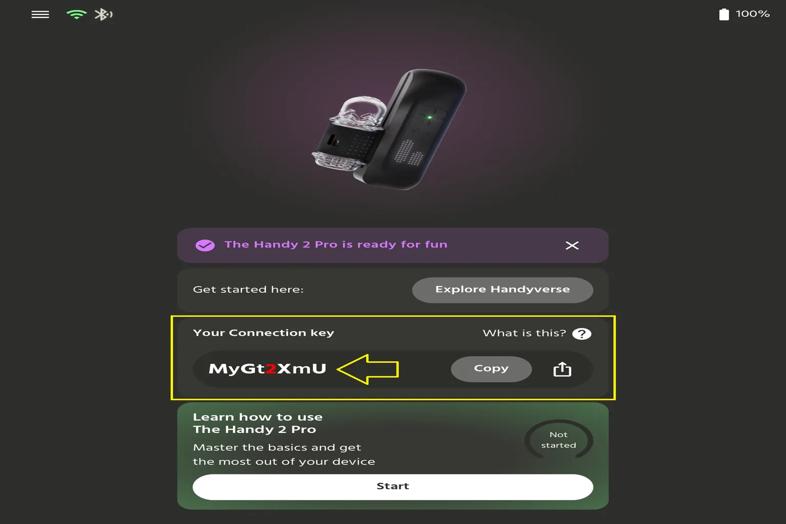The Handy 2 Pro Connection Key wird in der Handy-App angezeigt und kann kopiert werden.