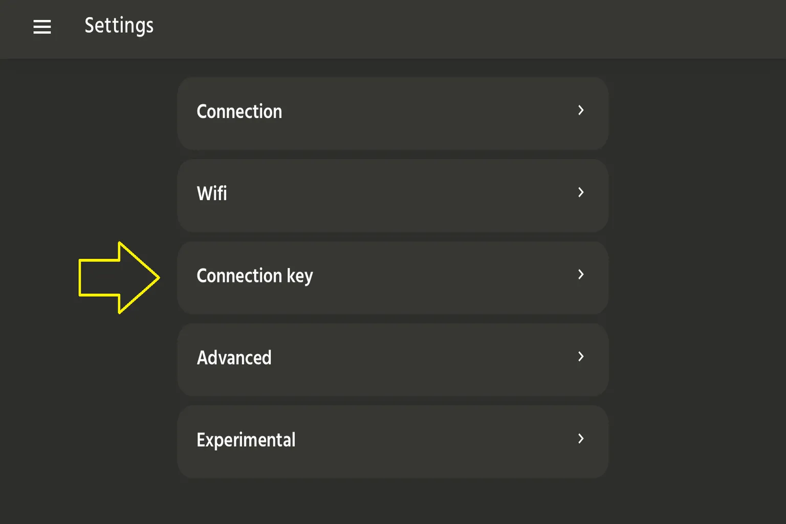 Handy-App Einstellungen mit hervorgehobener Connection-key-Option.