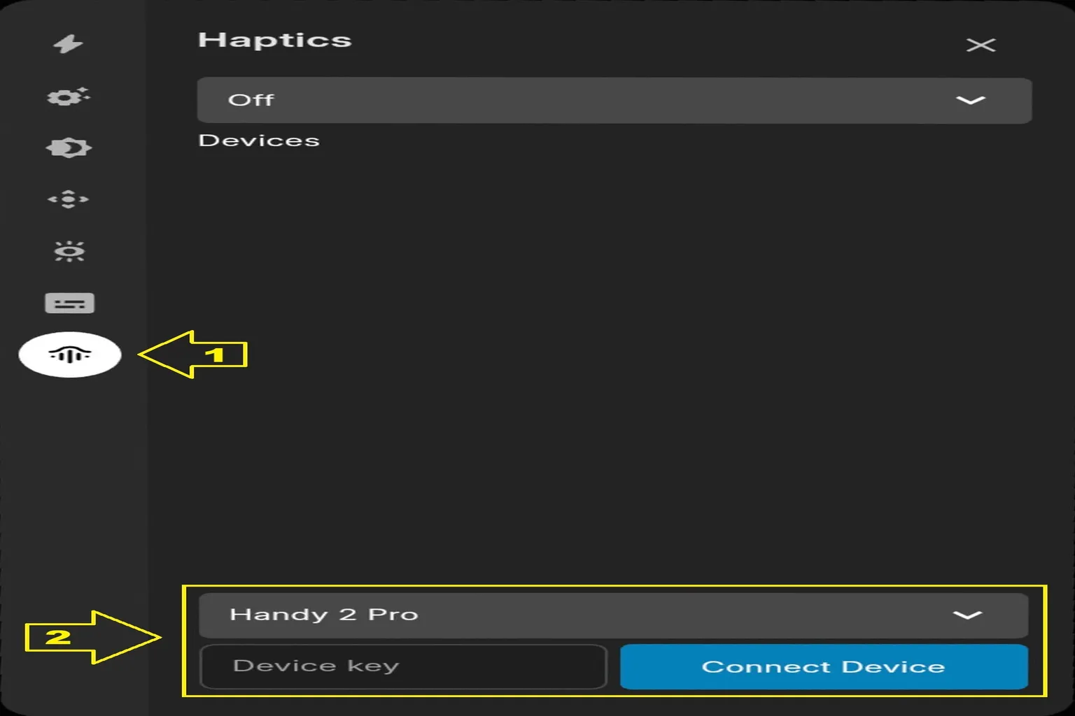 DeoVR Haptics-Menü mit Auswahl von Handy 2 Pro, Eingabefeld für den Device Key und Connect-Device-Button.