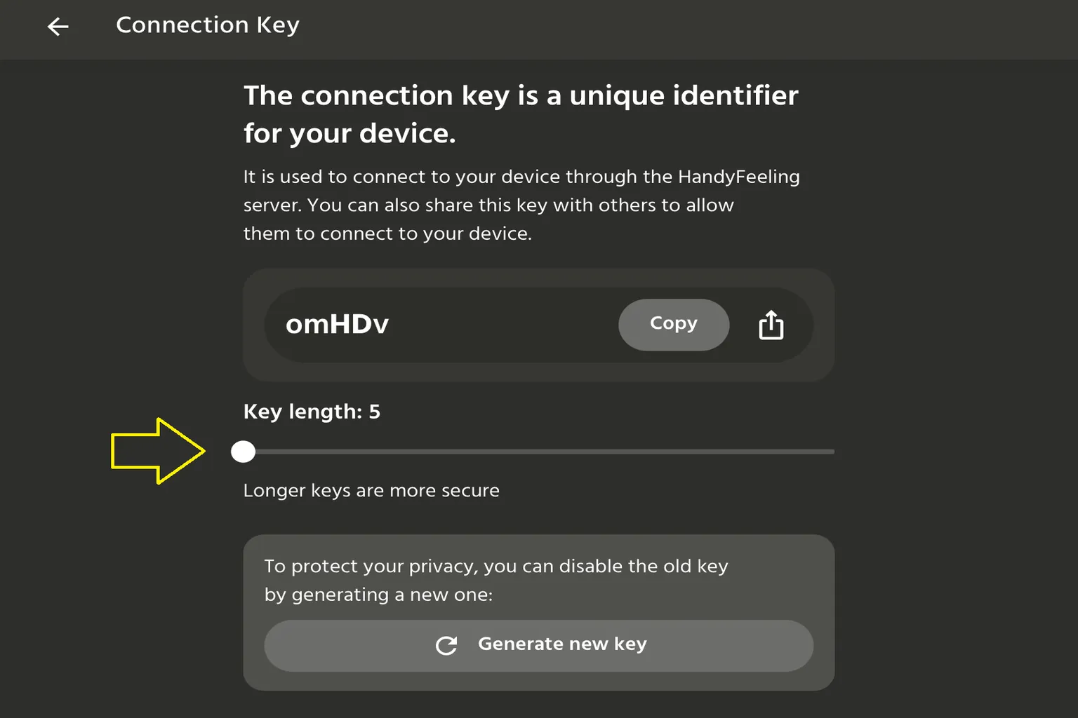 Handy-App mit Connection-Key-Einstellungen, Schieberegler für die Key-Länge und hervorgehobener Verbindungscode.