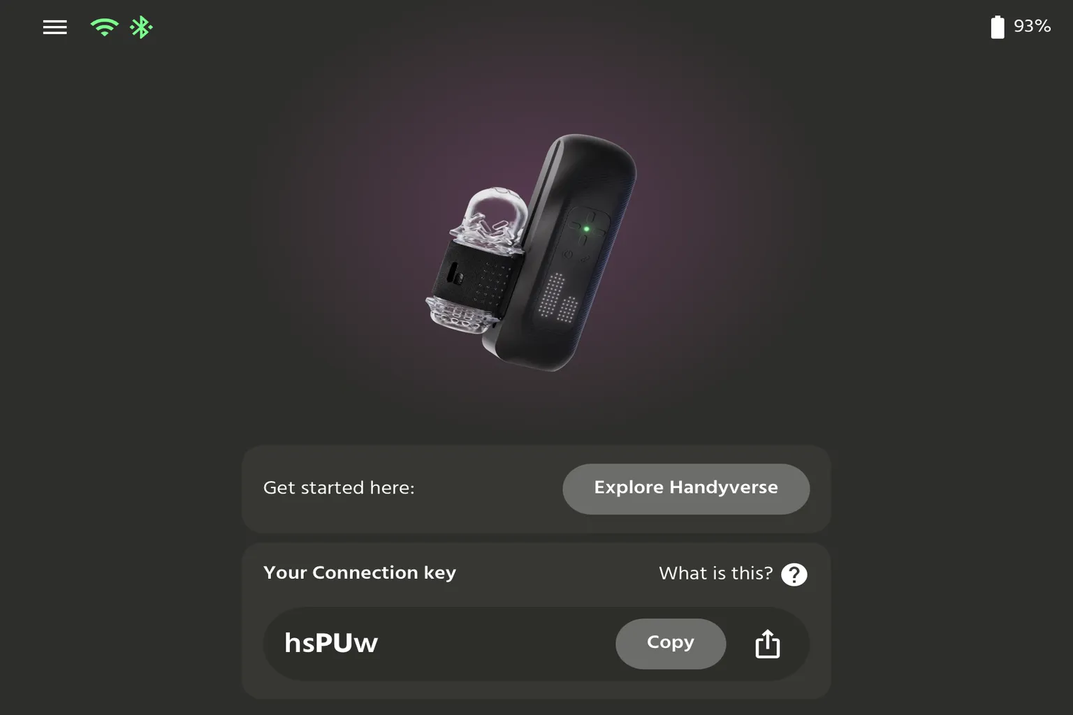 Handy-App Startbildschirm mit The Handy 2 Pro, WLAN- und Bluetooth-Verbindung sowie aktualisiertem Connection Key zum Kopieren.