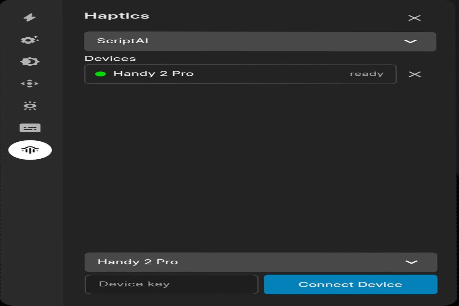DeoVR Haptics-Einstellungen mit verbundenem Handy 2 Pro und grünem Bereitschaftsstatus.
