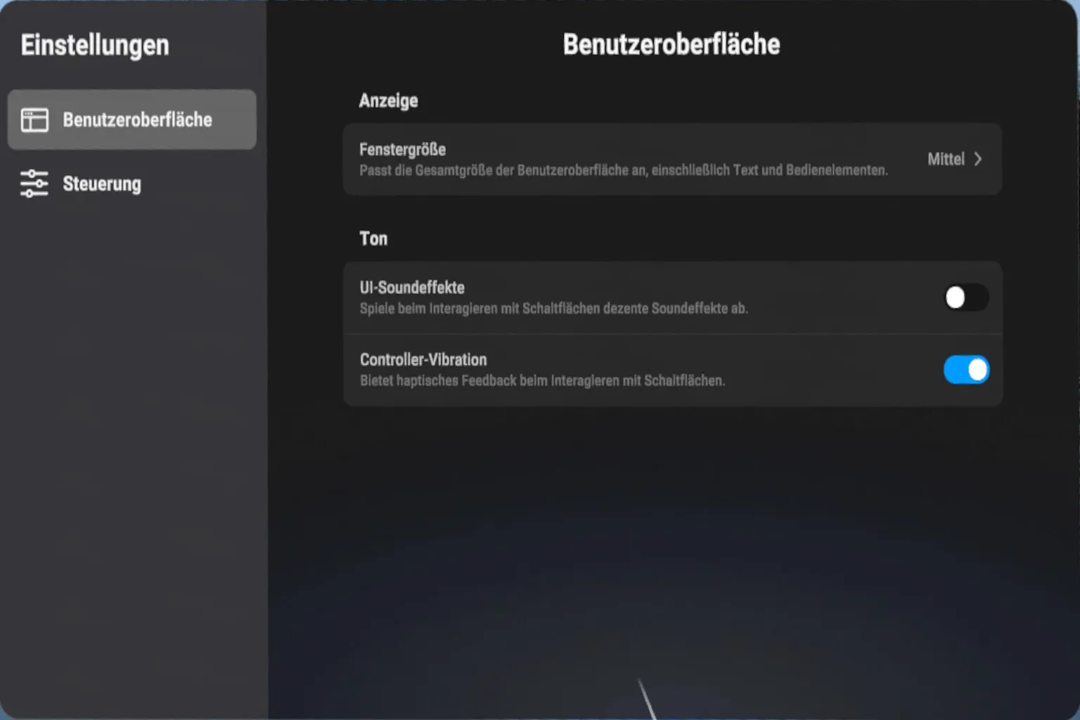 Einstellungen der Benutzeroberfläche im NEX Video Player auf Meta Quest