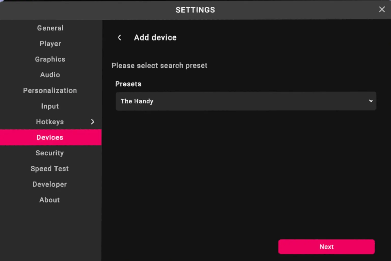 VRPorn Add-device-Menü mit The Handy als ausgewähltem Preset.