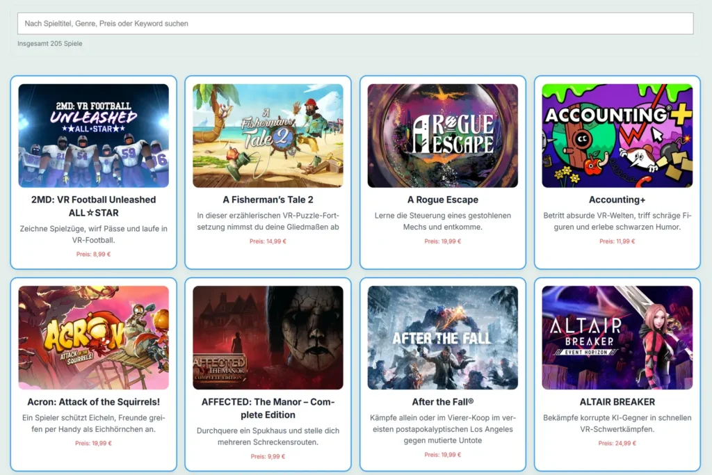 VRPUPU Cross-Buy-Spieleliste mit Suchfeld und mehreren Meta Quest Cross-Buy-Spielen in Kartenansicht.