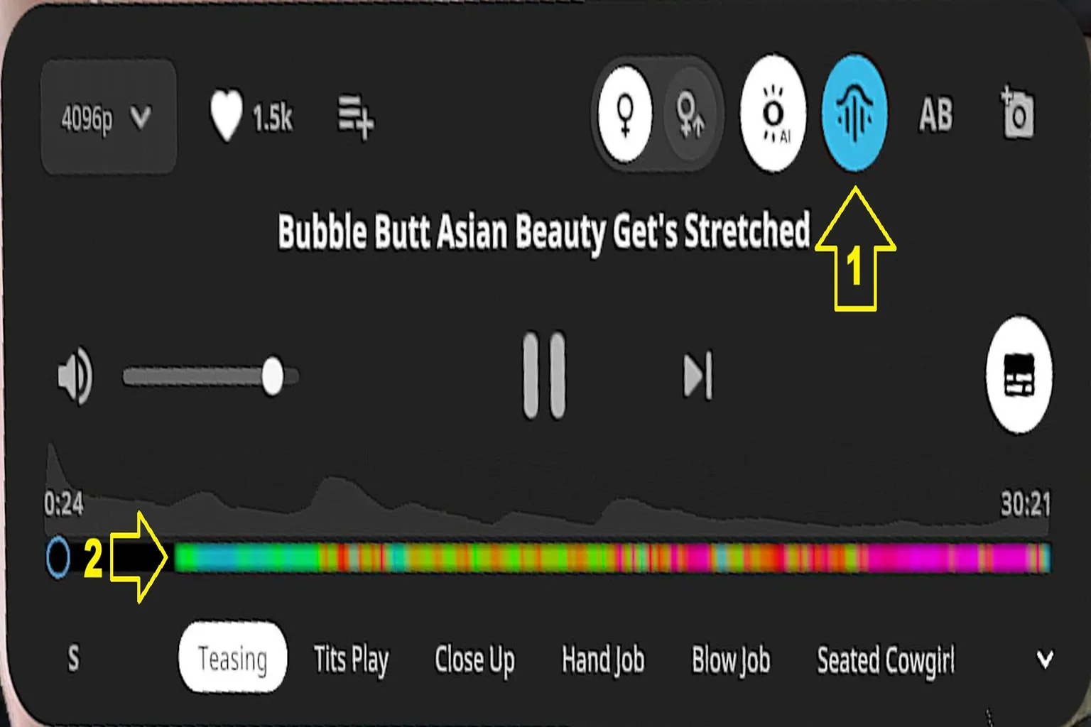 DeoVR Videoplayer mit aktiviertem Haptics-Symbol und farbiger Script-Heatmap in der Zeitleiste.