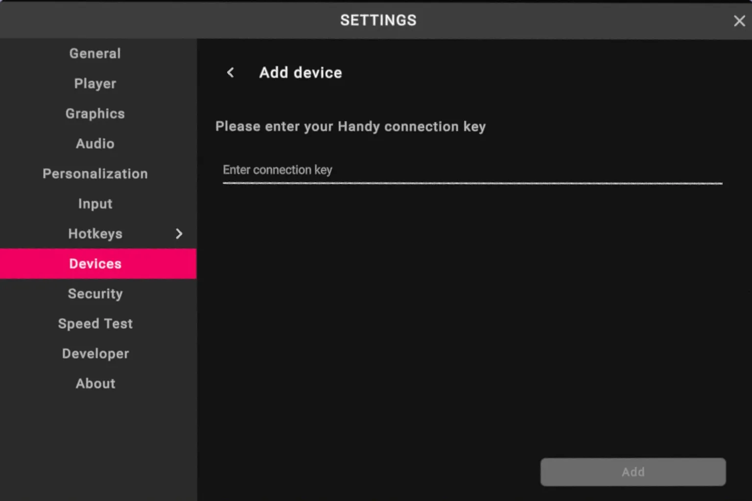 VRPorn Add-device-Menü mit Eingabefeld für den Handy Connection Key.