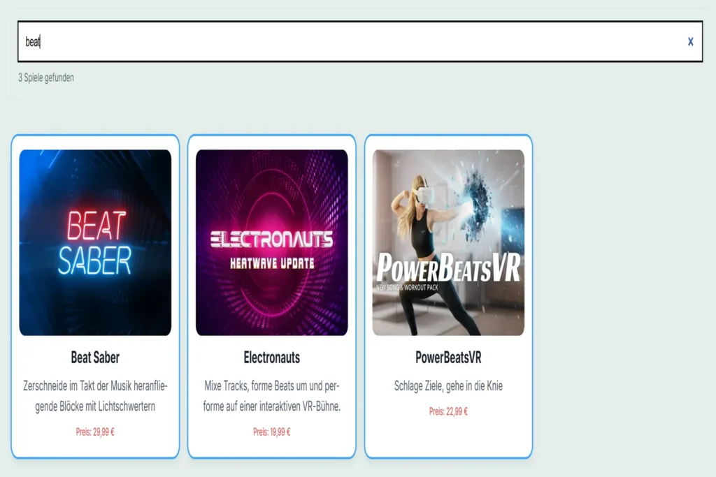 VRPUPU Cross-Buy-Spieleliste mit Suche nach beat und drei gefundenen Spielen: Beat Saber, Electronauts und PowerBeatsVR.