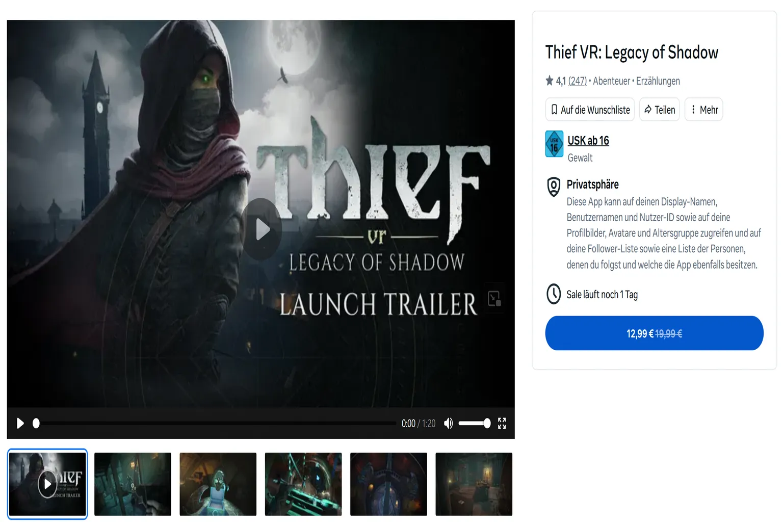 Thief VR im deutschen Meta Quest Store im Angebot für 12,99 Euro