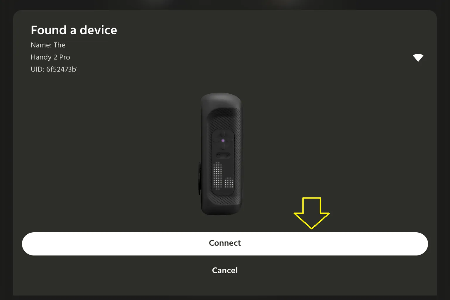 HandyOnboarding App hat The Handy 2 Pro gefunden und zeigt den Connect-Button zum Verbinden an.