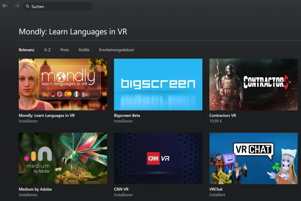 Meta Quest PC-App mit Suchergebnissen für Mondly, Bigscreen, Contractors VR, Medium by Adobe, CNN VR und VRChat.