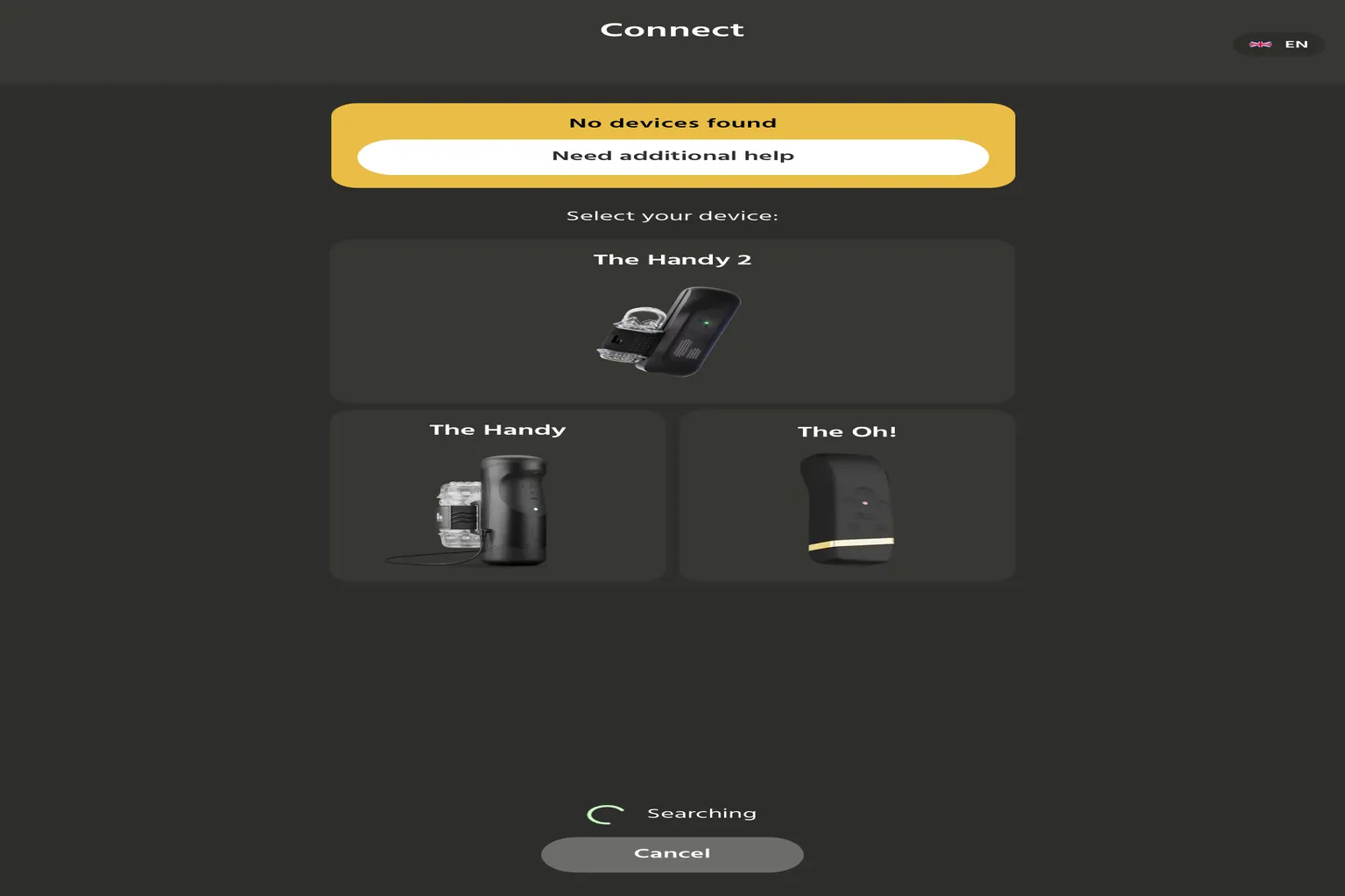 HandyOnboarding App zeigt No devices found während der Suche nach The Handy Geräten.