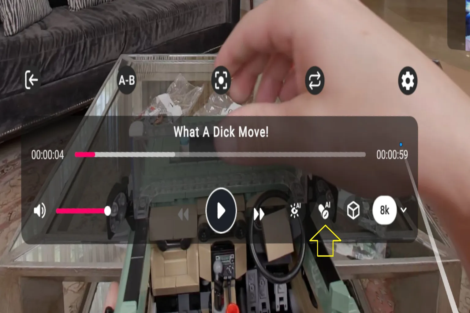 VRPorn Videoplayer mit interaktiver Wiedergabe, AI-Funktion und markierter Fortschrittsleiste.