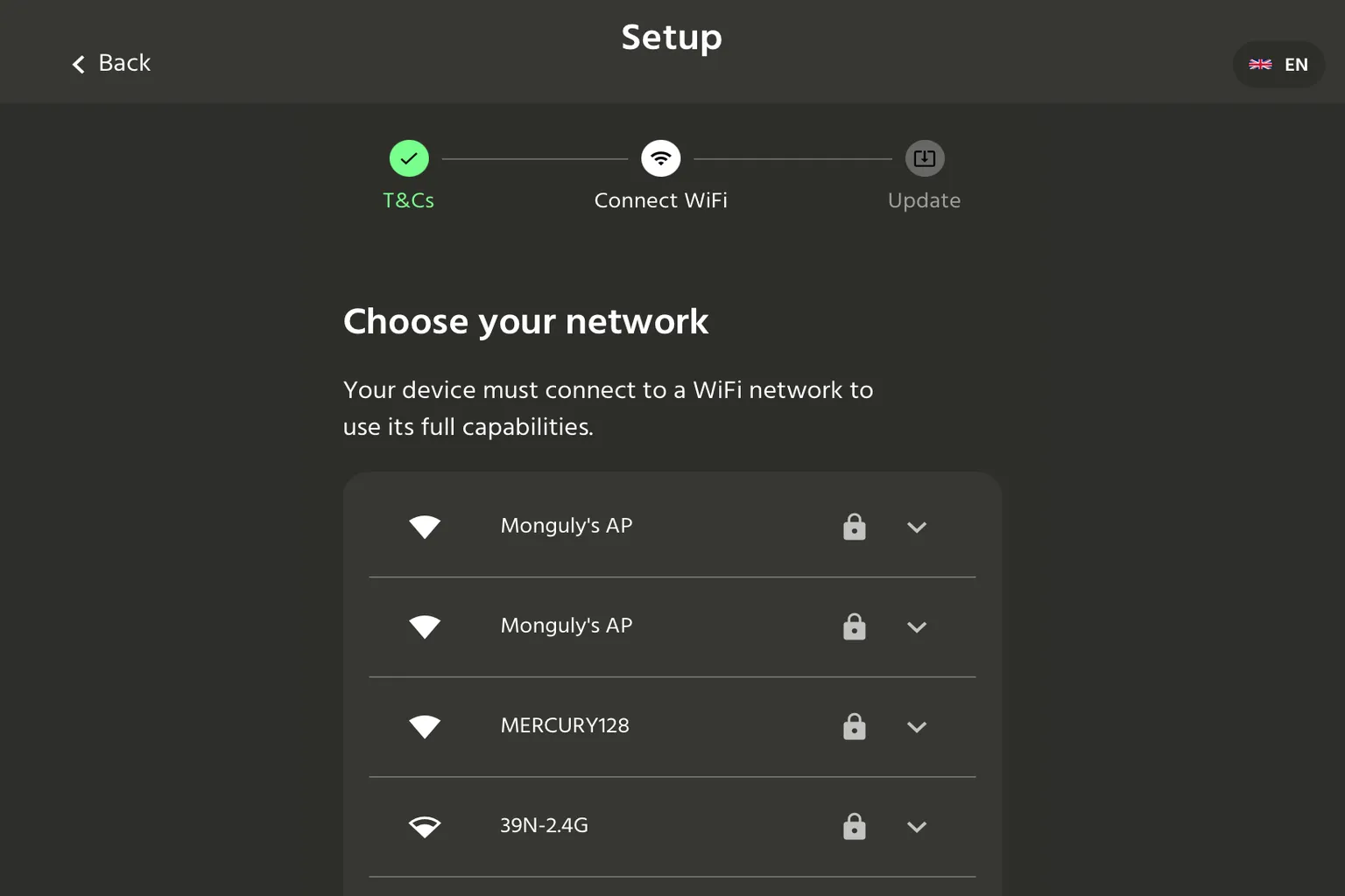 HandyOnboarding Setup zeigt die WLAN-Auswahl zum Verbinden von The Handy mit einem Netzwerk.