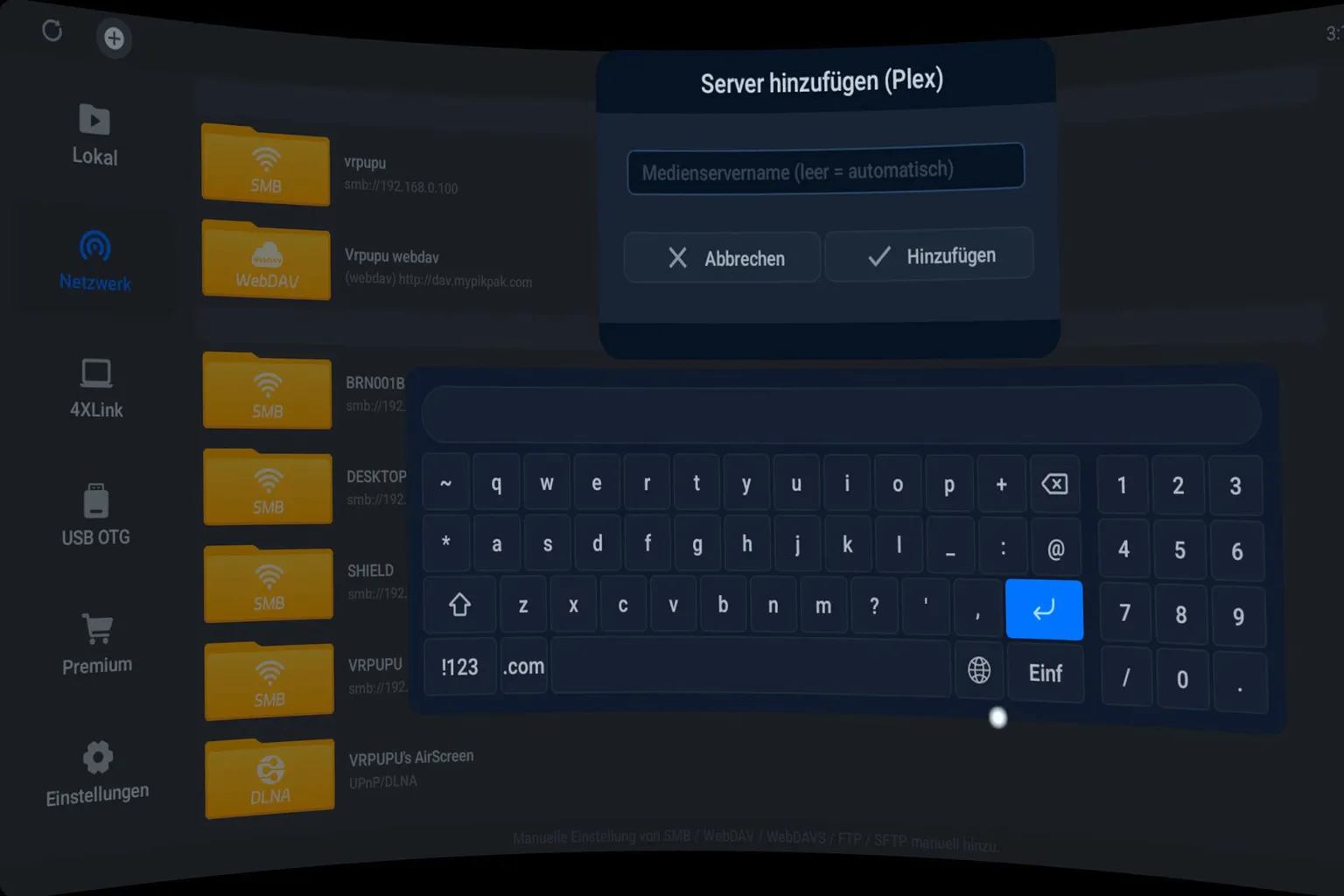 Eingabe eines Servernamens beim Hinzufügen eines Plex-Servers in 4XVR Player
