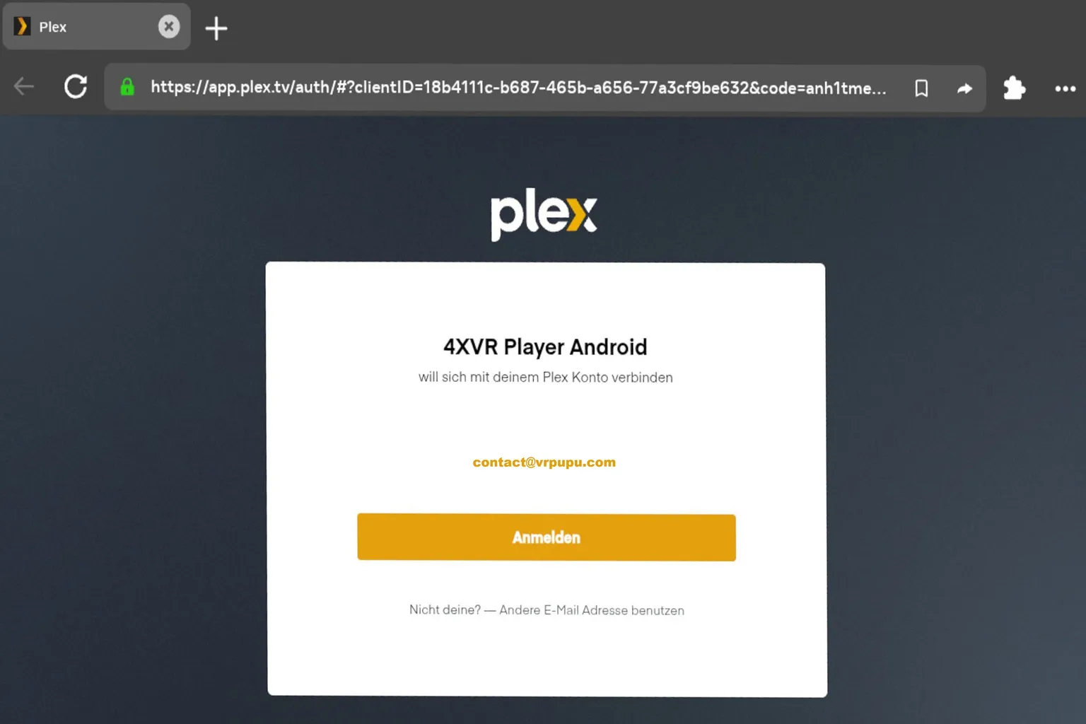 Plex-Anmeldeseite im Systembrowser zur Verbindung mit 4XVR Player