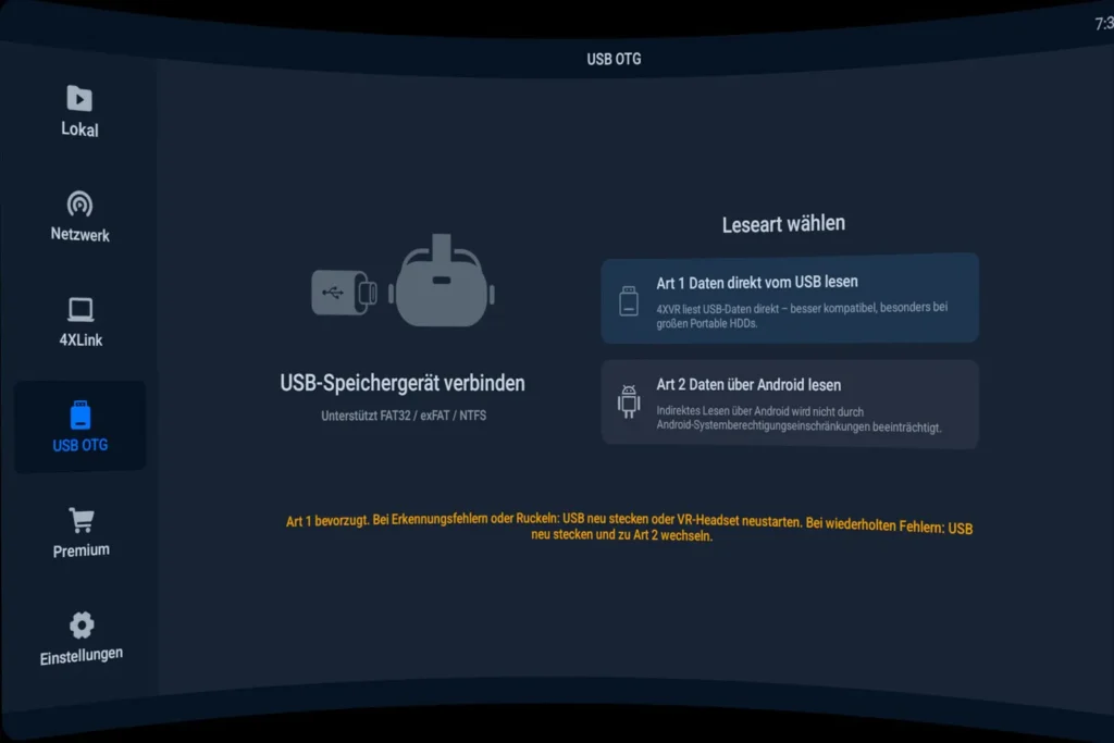4XVR Player mit Auswahl zwischen direktem USB-Zugriff und Lesen über Android für externe USB-Speichergeräte