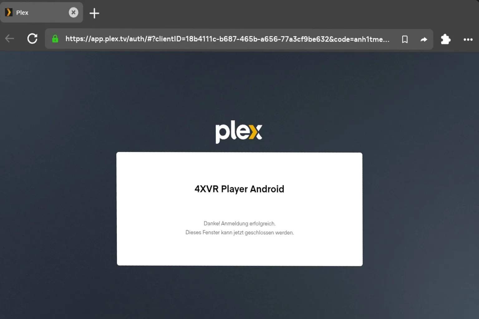 Erfolgreiche Plex-Anmeldung für 4XVR Player im Browser bestätigt