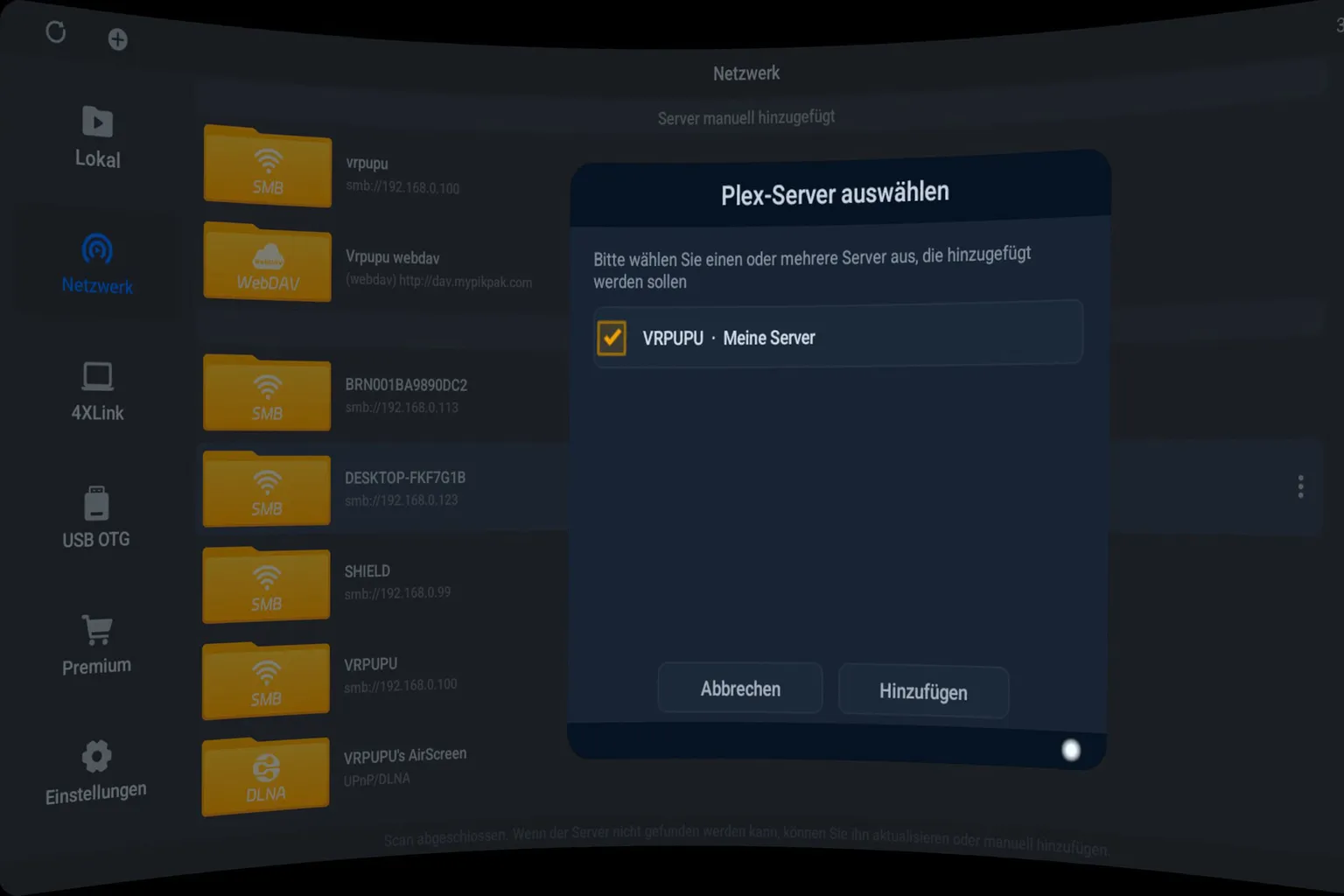 Auswahl eines Plex-Servers zum Hinzufügen in 4XVR Player
