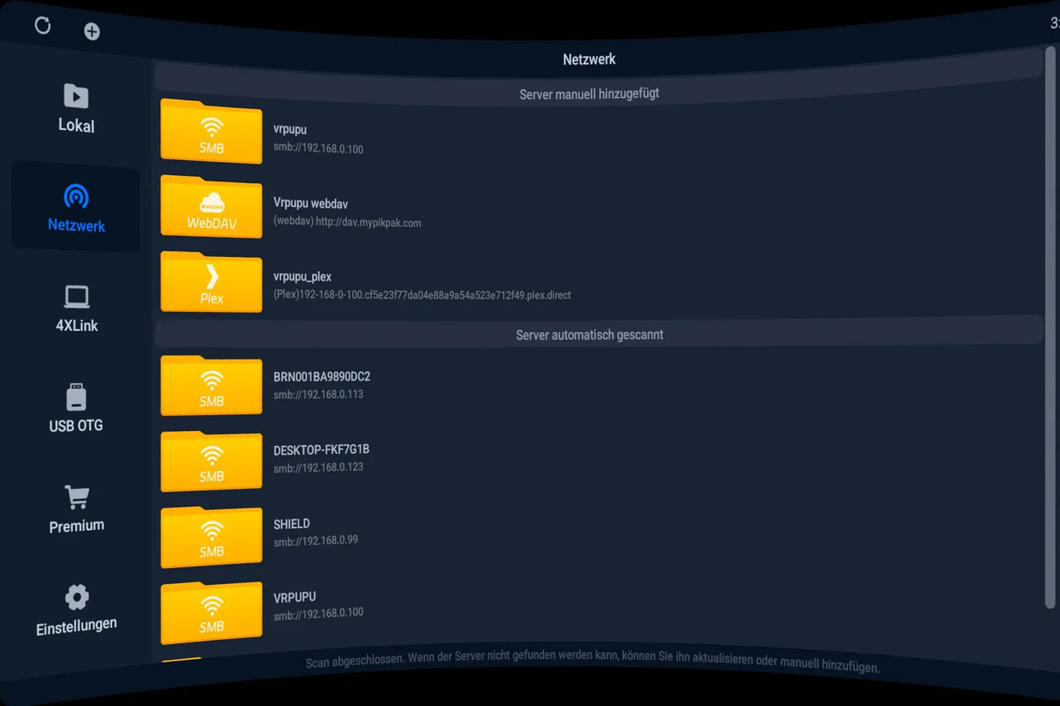 Erfolgreich hinzugefügter Plex-Server in der Netzwerkliste von 4XVR Player