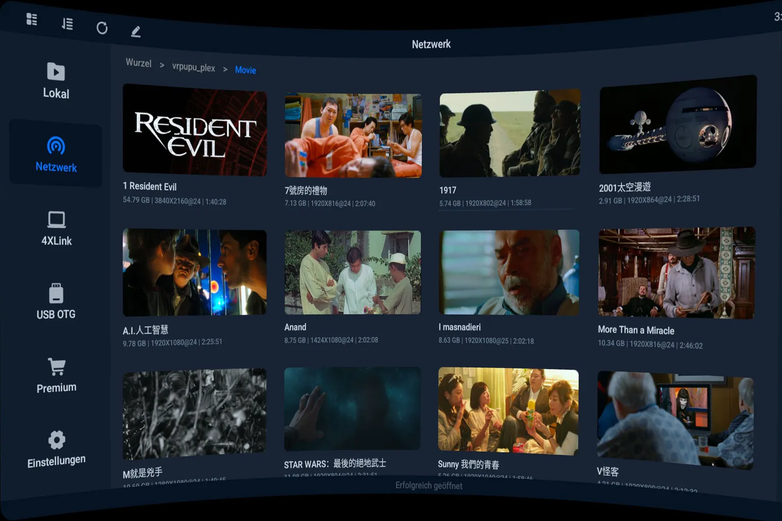 Über Plex verbundene Filmbibliothek in 4XVR Player mit mehreren lokalen Videodateien