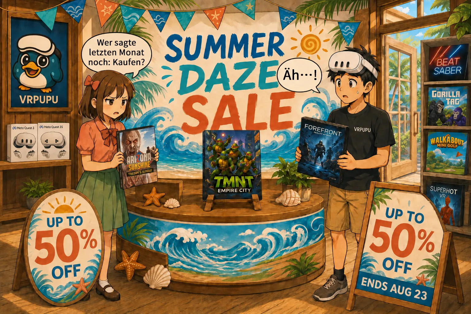 Mengmeng hält verärgert das Arizona Sunshine Freddy’s Bundle in der Hand und fragt Gugu, wer ihr letzten Monat zum Kauf geraten hat, während VRPUPU daneben zusieht.