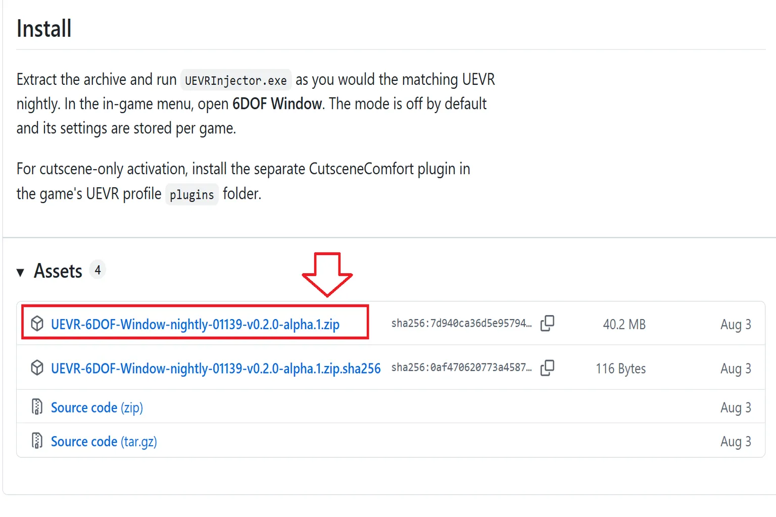 Download der neuesten UEVR 6DOF Window-Version unter GitHub Assets