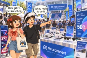 MengMeng und GuGu entdecken beim Meta Connect 2026 Sale Meta Quest 3, Quest 3S, Meta AI Glasses und VR-Spielangebote.