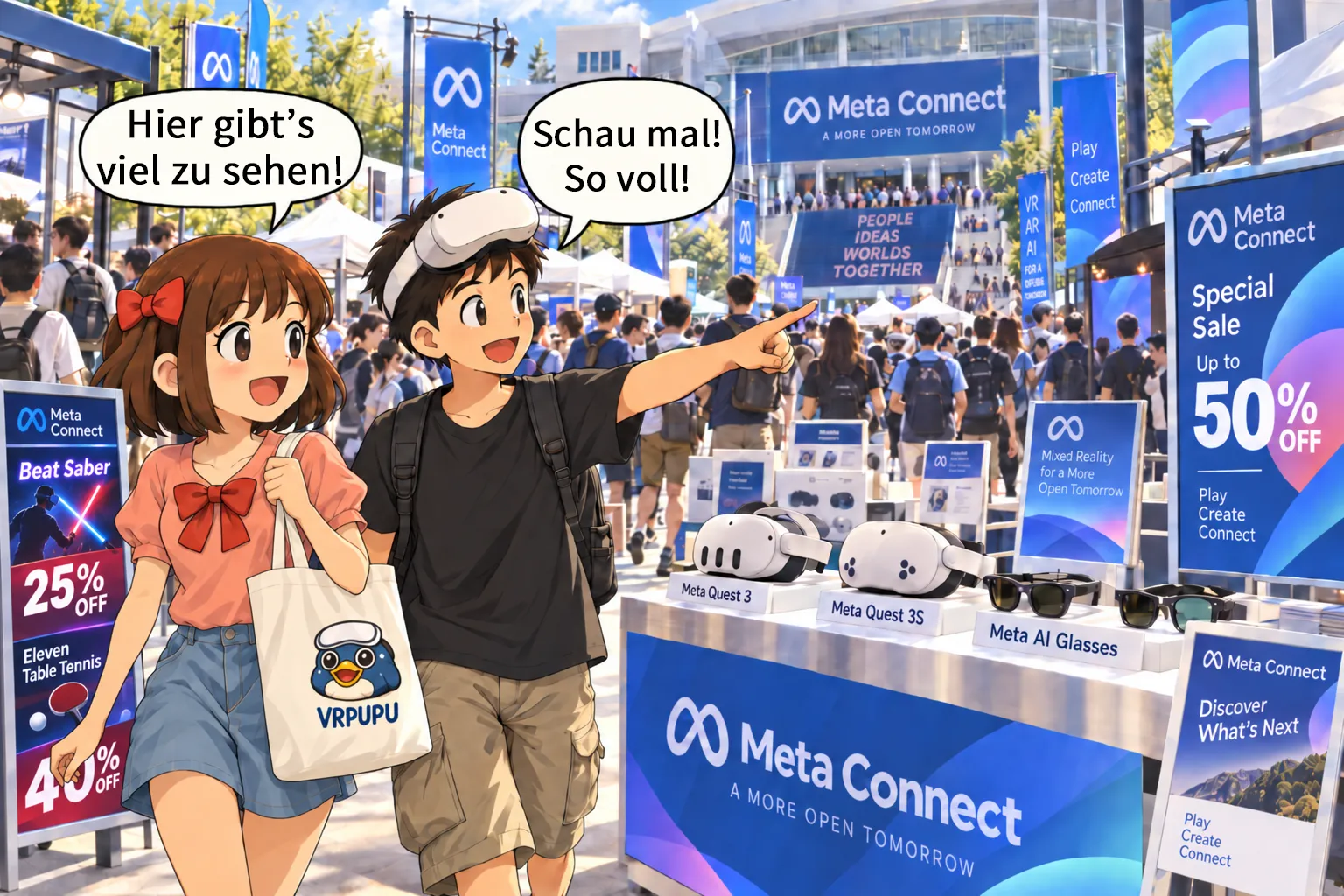 MengMeng und GuGu entdecken beim Meta Connect 2026 Sale Meta Quest 3, Quest 3S, Meta AI Glasses und VR-Spielangebote.