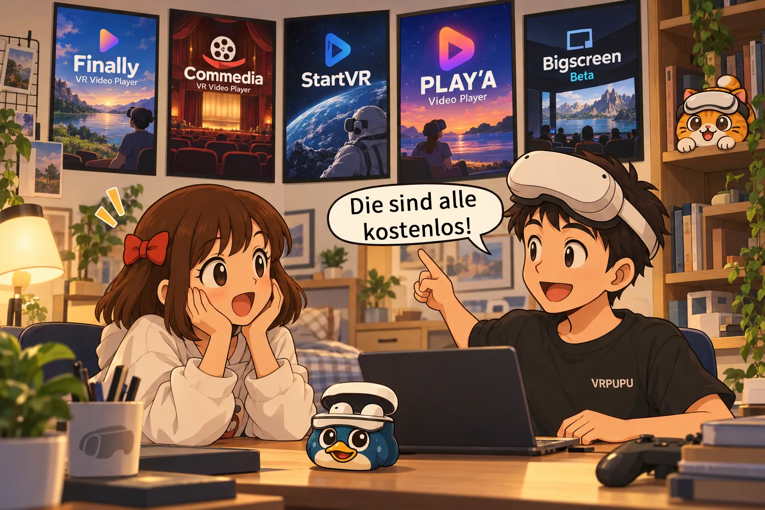 Gugu und Mengmeng stellen in ihrem Zimmer kostenlose Meta-Quest-Videoplayer vor. Im Hintergrund hängen Poster von Finally, Commedia, StartVR, PLAY'A und Bigscreen.