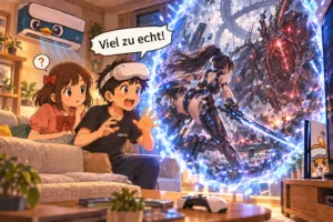 UEVR 6DOF Window-Portal bringt die Spielwelt ins Zimmer, während Gugu ein VR-Headset trägt und Mengmeng überrascht zusieht