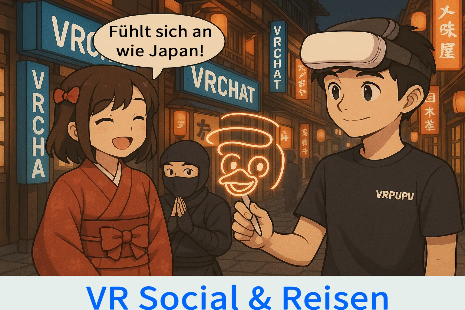 Mann erkundet in VRChat eine japanische Straße und unterhält sich mit einer Frau im Kimono