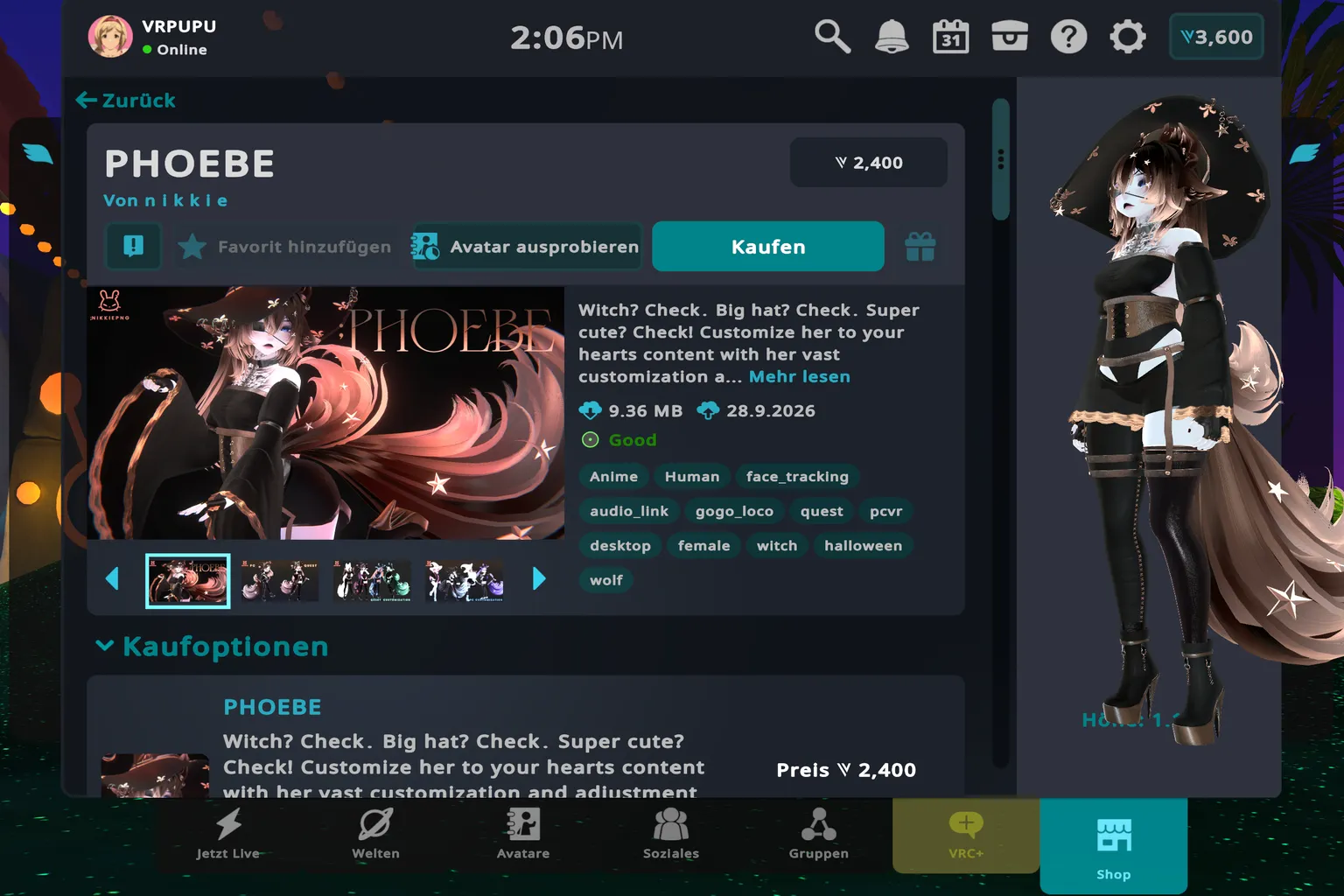 VRChat Avatar Marketplace mit dem Avatar PHOEBE, Vorschau, Preis und Kaufoptionen