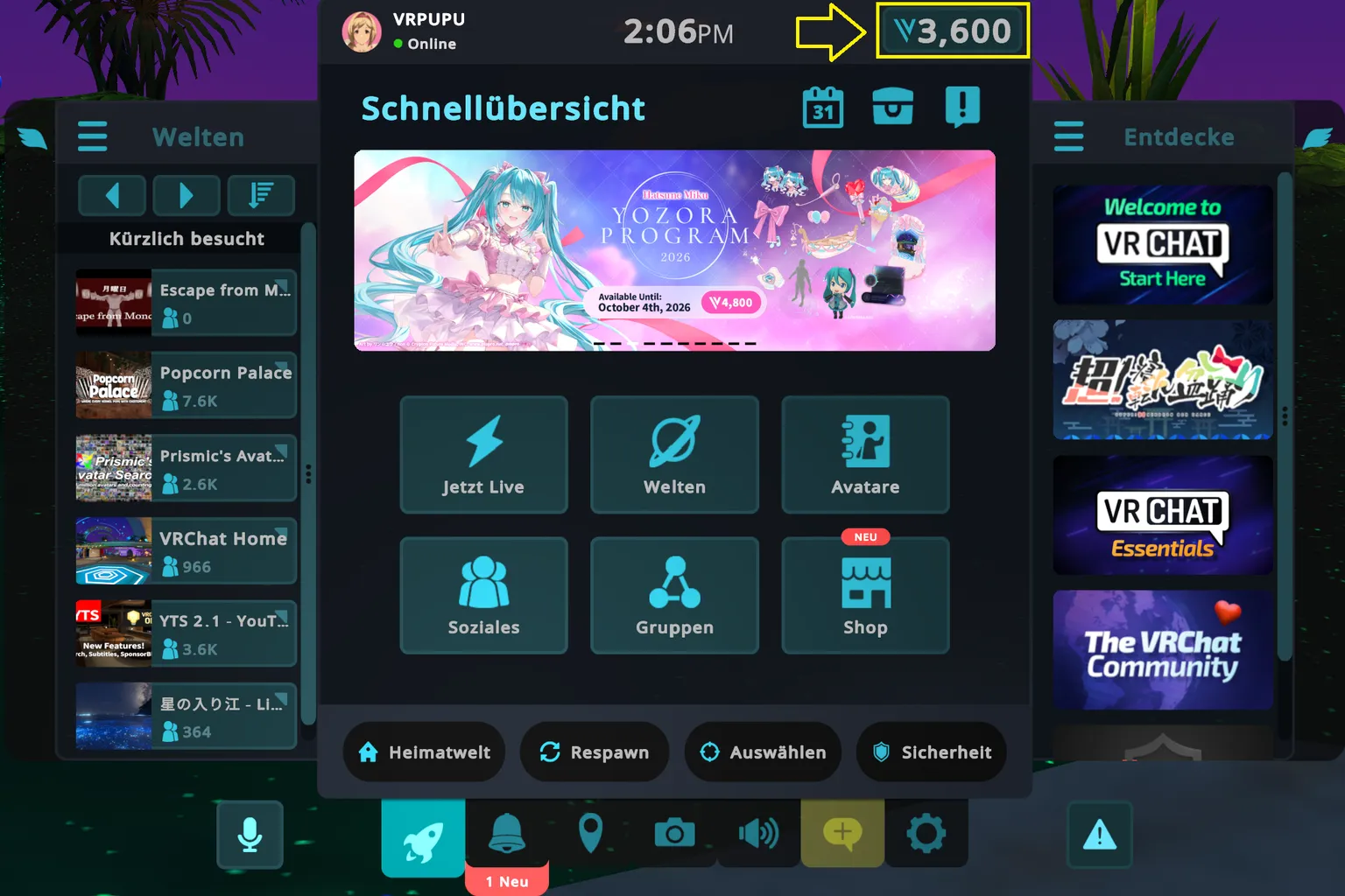 VRChat-Hauptmenü mit einem Guthaben von 3.600 Credits nach dem Kauf