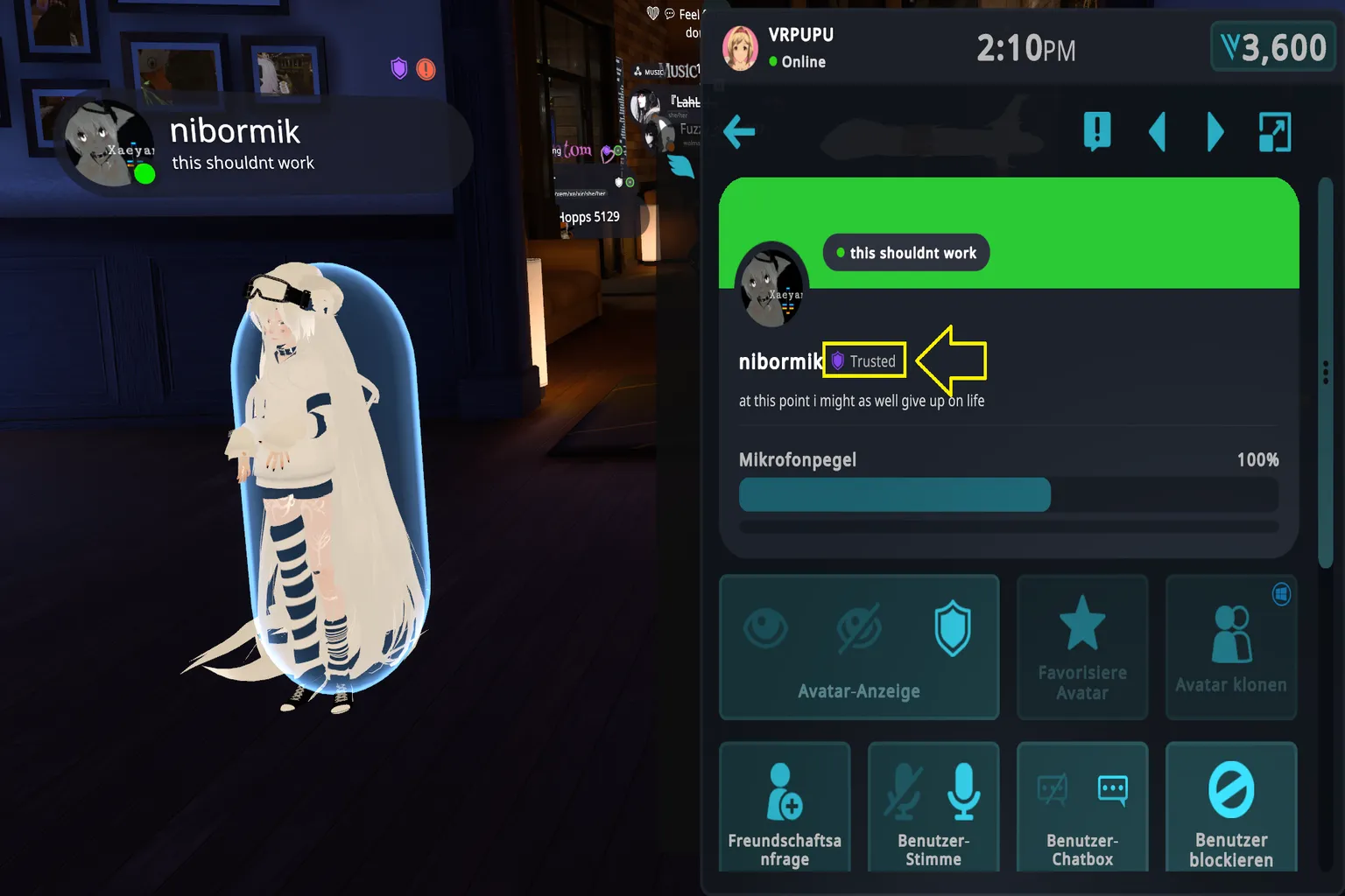 VRChat-Spielerprofil mit dem Trust Rank Trusted User