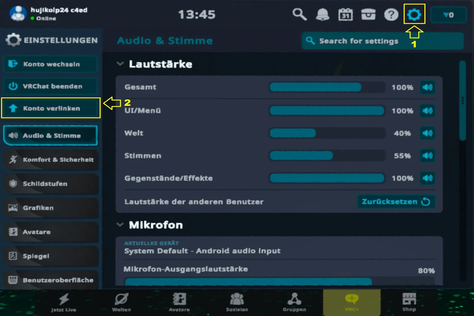VRChat-Einstellungen mit der Option „Konto verlinken“ zum Verbinden eines Plattformkontos