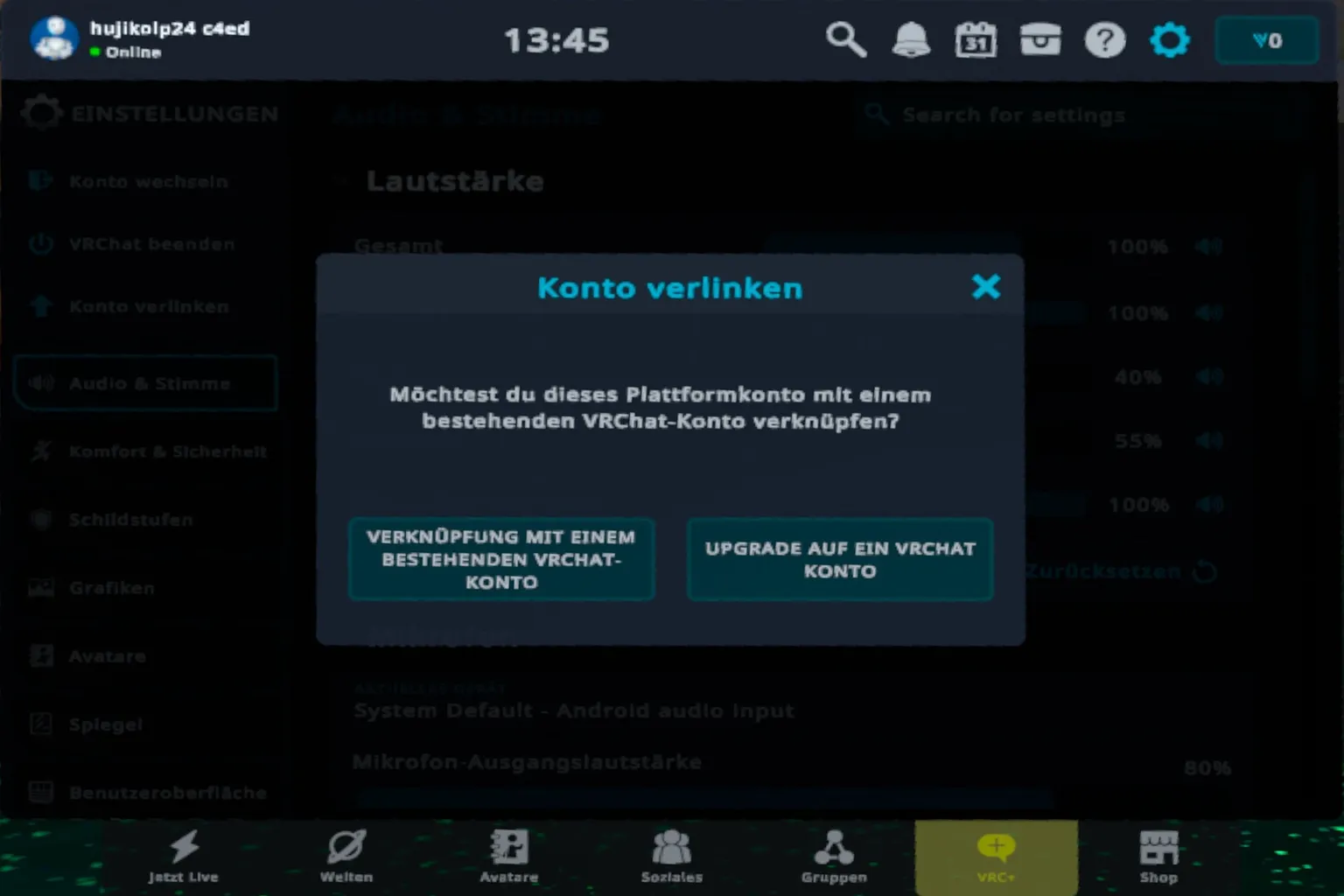 VRChat-Fenster „Konto verlinken“ mit Optionen zum Verknüpfen eines bestehenden Kontos oder zum Upgrade auf ein VRChat-Konto